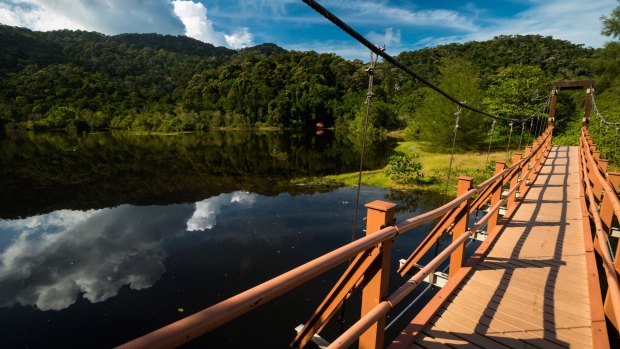 A swing bridge across the meromictic lake.