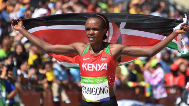 Kenya's Jemima Jelagat Sumgong celebrates winning the women's marathon during in Rio on Sunday.