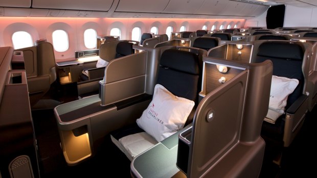 The Qantas 787 Dreamliner business class cabin.