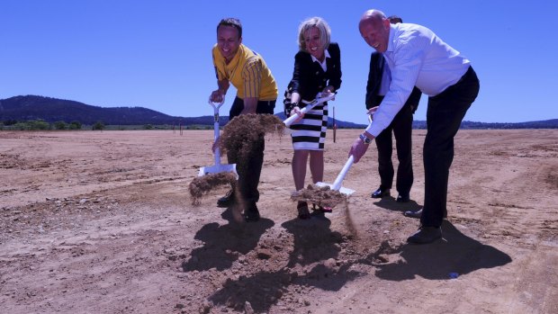 Breaking ground: Canberra store manager Mark Mitchinson, left, Chief Minister Katy Gallagher and Ikea Australia country manager David Hood turn the first sods on the Canberra store site.