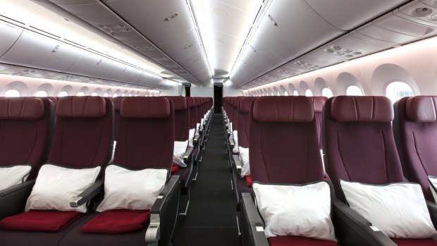 Economy class on board a Qantas 787 Dreamliner. 
