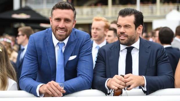 Ex-Bachelorette contestant Luke McLeod (L) and a friend at The Everest at Royal Randwick racecourse in Sydney on Saturday.