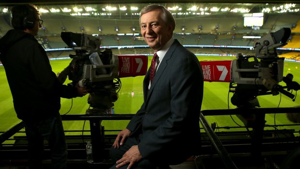 Channel 7 commentator Denis Cometti in the commentary booth at Etihad Stadium in Melbourne. 