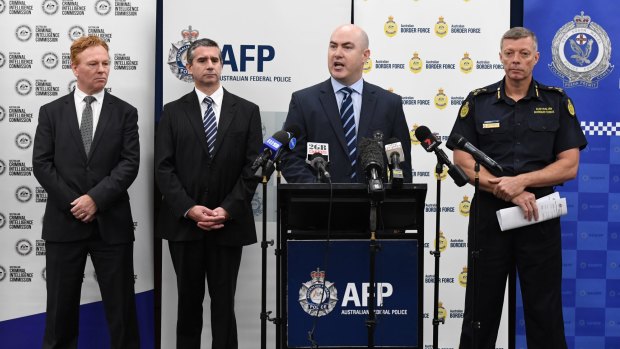 Press conference: (from left) Australian Criminal Intelligence Commission state manager Warren Gray, NSW Police Detective Superintendent Scott Cook, Australian Federal Police Detective acting Superintendent Luke Needham and Australian Border Force commander Tim Fitzgerald.