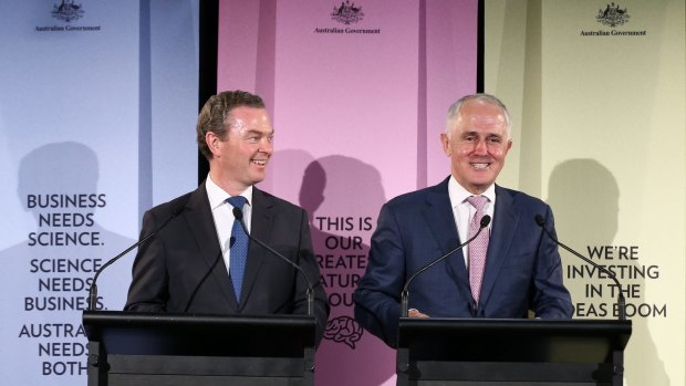 The Minister for Industry, Innovation and Science Christopher Pyne and Prime Minister Malcolm Turnbull address the media after the announcement of the National Innovation and Science Agenda at the CSIRO Discovery Centre in Canberra.