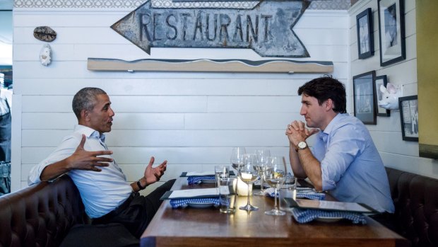 Prime Minister Justin Trudeau meets  Barack Obama at Liverpool House in June 2017