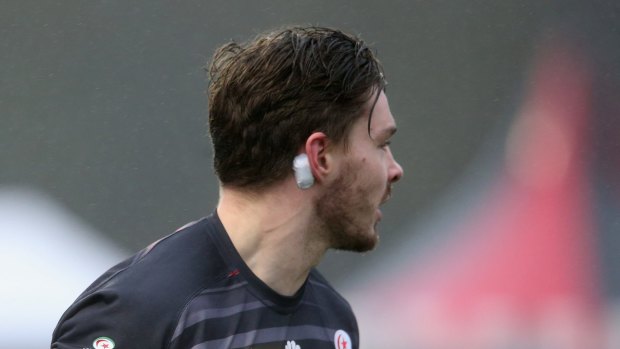 Ben Ransom of the Saracens rugby union club in England wears a impact sensor behind his ear to help determine the effects of possible concussion during the Aviva Premiership match against London Irish on January 3, 2015 in Barnet, England.