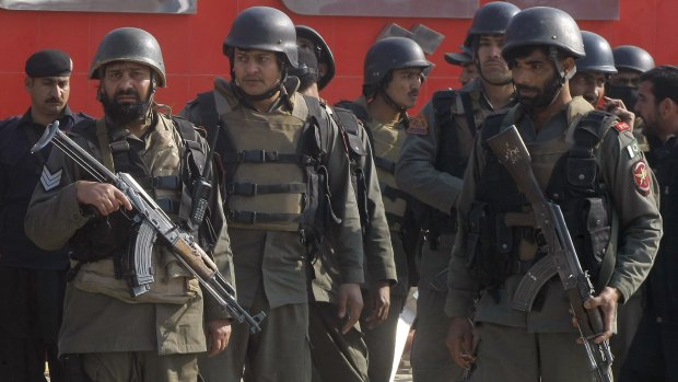 Pakistani troops arrive at Bacha Khan University in Charsadda after the attack.