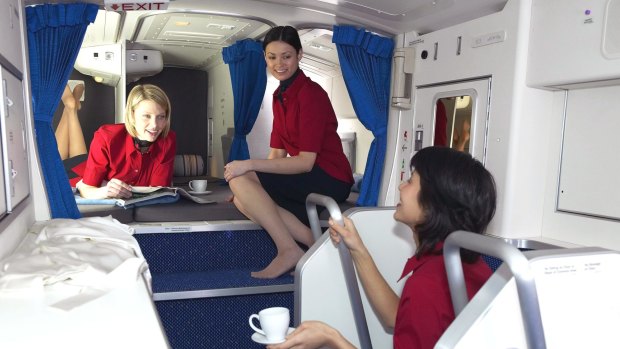 The crew in their rest area on board a Boeing 777. 