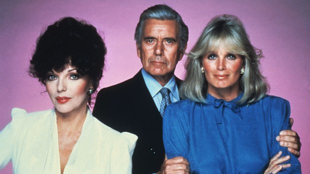 Original Dynasty cast members (from left) Joan Collins, John Forsythe and Linda Evans. 