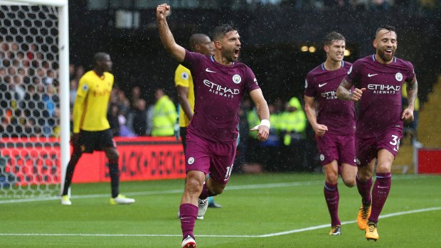 Many more: Sergio Aguero celebrates scoring his side's first six goals, on his way to three of his own.