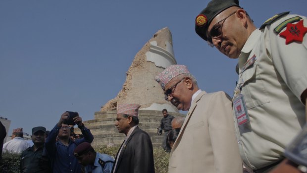 Nepal's Prime Minister Khadga Prasad Oli after laying a wreath at the ruins of the Dharahara tower in the heart of Kathmandu.