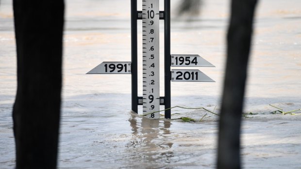 A flood gauge shows the Fitzroy River at 8.8m in Rockhampton on Thursday. 