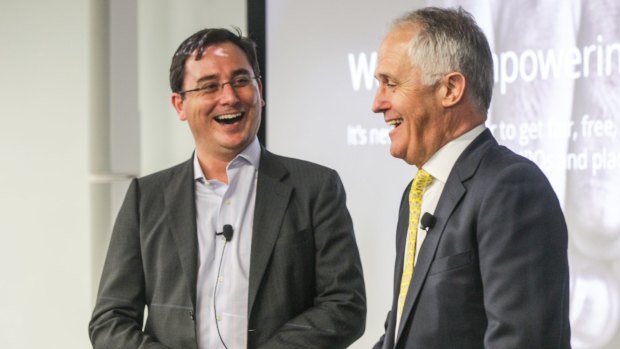 Prime Minister Malcolm Turnbull with chief executive of OnMarket Ben Bucknell.