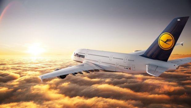 A computer-generated image of a Lufthansa A380 in flight.
