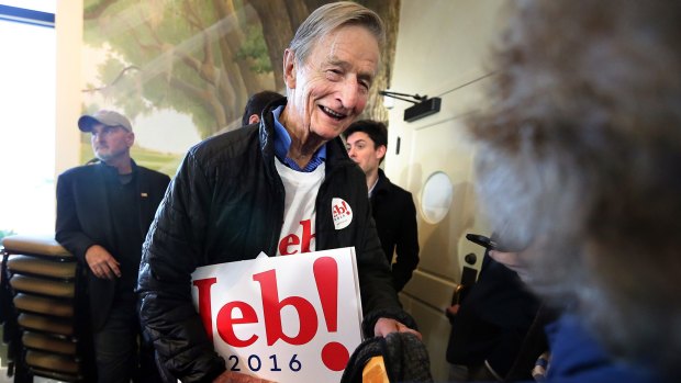 Jonathan Bush, 84, with signs for his nephew, Jeb Bush in South Carolina last week.  