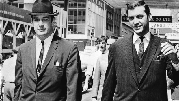 Entertainer Don Lane, right, arrives at court with barrister Marcus Einfeld on March 29, 1968. 