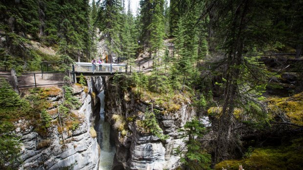 Two women look at Maligne Canyon.