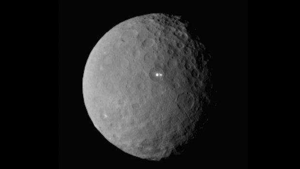 Two bright spots on Ceres in a picture taken by NASA's Dawn spacecraft.