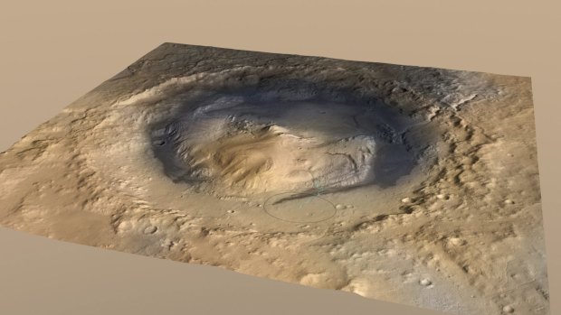 An artist's impression of Gale Crater on Mars. 