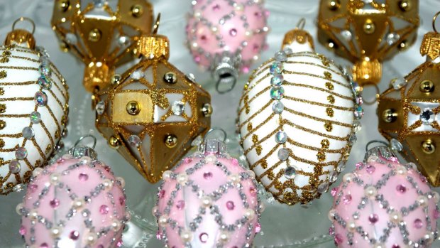 Faberge shaped ornaments in Johann Wanner store.