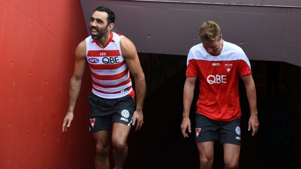 Welcome return: Adam Goodes back at Swans training.
