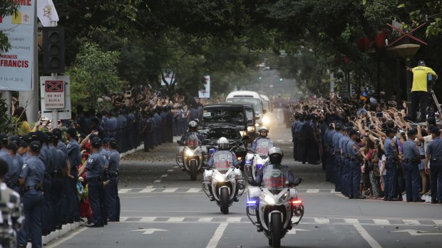 Massive security in Manila during the papal visit to the Philippines on January 17. The crowds are reported to have prevented an assassination attempt by an Islamist sleeper cell.