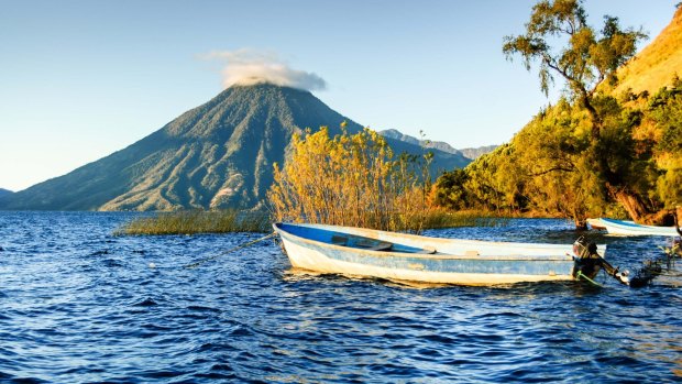 San Pedro Volcano, seen across Lake Atitlan  in the Guatemalan highlands.