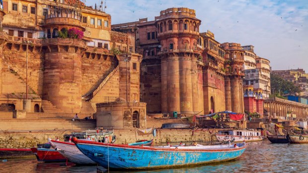 Varanasi: Ancient architecture along the Ganges river bank.