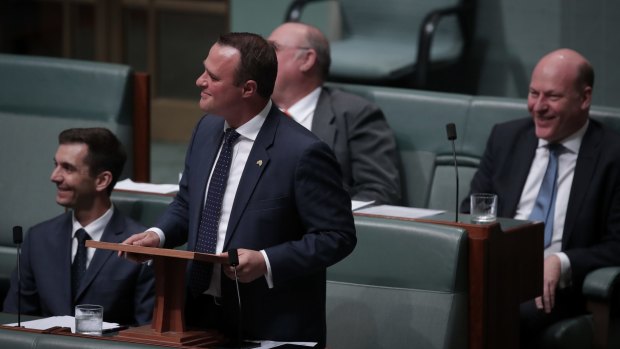 Liberal MP Tim Wilson proposes to his partner Ryan Bolger during debate on the marriage bill on Monday.
