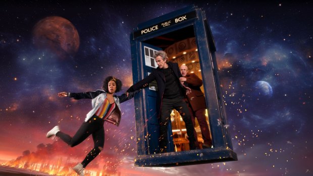 Bill (Pearl Mackie), The Doctor (Peter Capaldi), and Nardole (Matt Lucas) in Doctor Who.