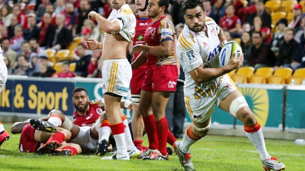 Too easy: Liam Messam of the Chiefs runs in to score.