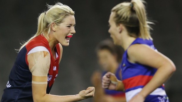 Tayla Harris of the Demons celebrates a goal during a women's AFL exhibition match against the Western Bulldogs at Etihad Stadium on August 16.