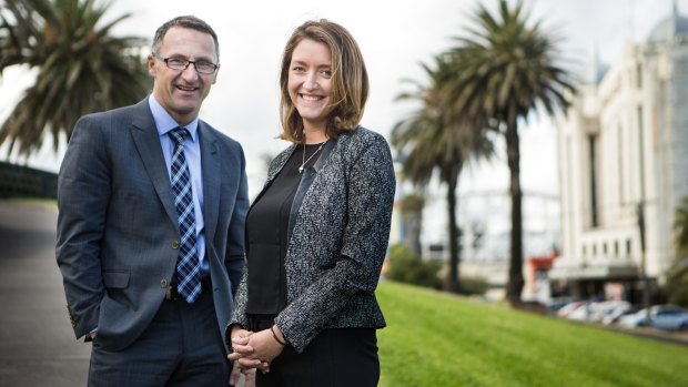 Greens leader Richard Di Natale and Melbourne Ports candidate Steph Hodgins-May.