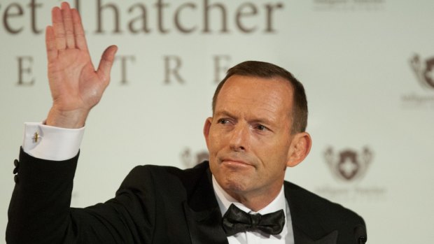 Tony Abbott gestures at Margaret Thatcher Centre Gala dinner in London on Tuesday.