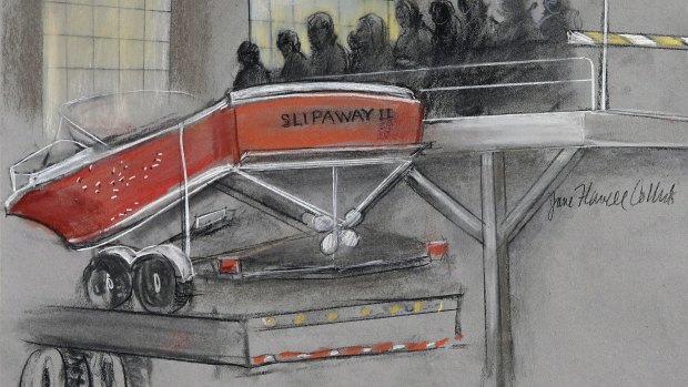 In this courtroom sketch, the boat in which Dzhokhar Tsarnaev was captured is depicted on a trailer for observation during Tsarnaev's federal death penalty tria.