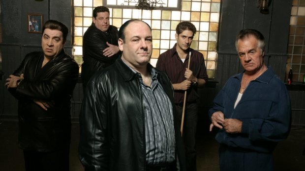 The cast of The Sopranos, including James Gandolfini (centre), backstage at the Bada Bing!