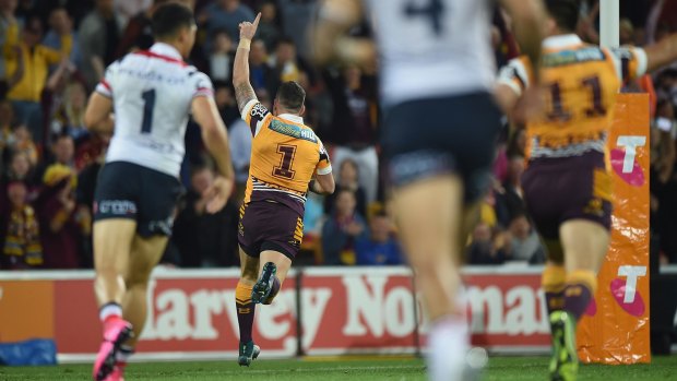 Gift: Darius Boyd races away to score in the opening minute against the Roosters.