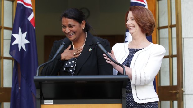 Prime Minister Julia Gillard and Nova Peris speak to the media during a press conference at Parliament House in Canberra on Tuesday 22 January 2013.