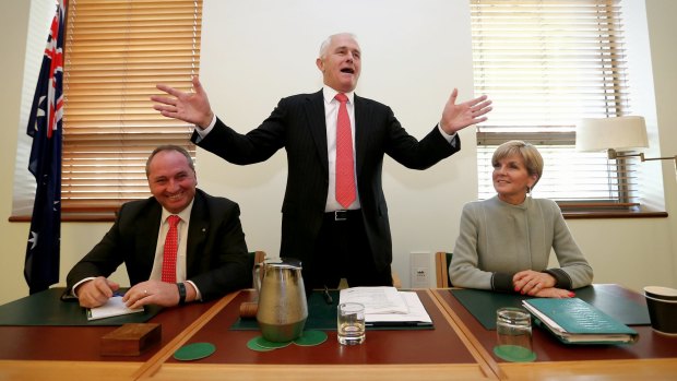 Prime Minister Malcolm Turnbull, with Deputy Prime Minister Barnaby Joyce and deputy Liberal leader Julie Bishop, addresses Coalition MPs on Monday.