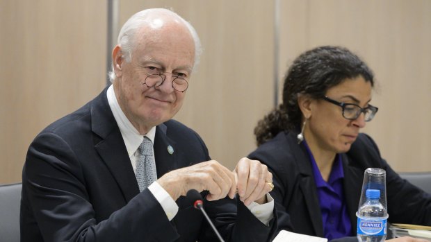 Staffan de Mistura, UN Special Envoy of the Secretary-General for Syria, at a meeting on Syria peace talks with the Syrian opposition in Geneva, Switzerland.  