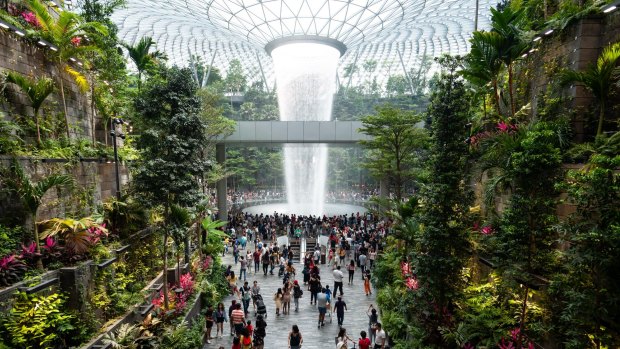 The Jewel Terminal at Changi Airport with indoor waterfall and "Forest Valley". 
