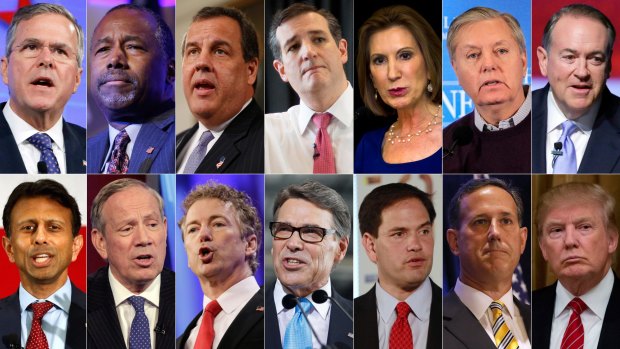 The 2016 Republican presidential candidates who have officially declared their candidacy as of July 12. Top from left: Jeb Bush, Ben Carson, Chris Christie, Ted Cruz, Carly Fiorina, Lindsey Graham and Mike Huckabee. Bottom from left: Bobby Jindal, George Pataki, Rand Paul, Rick Perry, Marco Rubio, Rick Santorum and Donald Trump. 