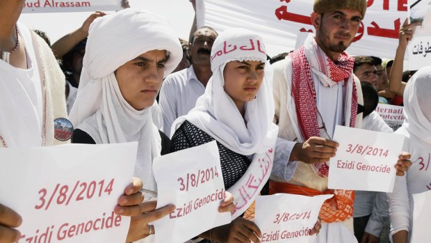 Yazidi Kurdish women at a protest in Dohuk, Iraq, in 2015.