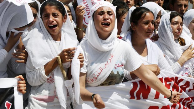 Yazidi Kurdish women protest in Dohuk last year. 