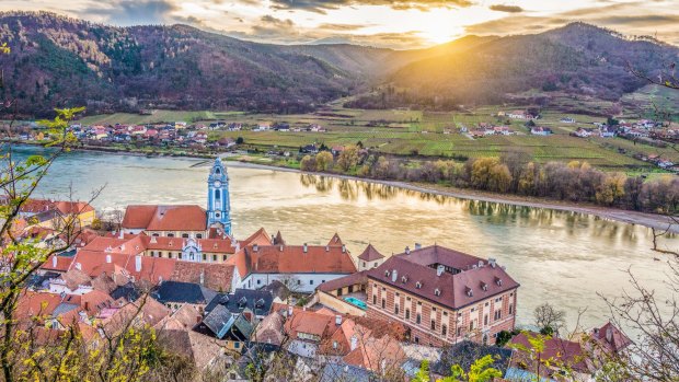 Wachau Valley with the historic town of Durnstein and the Danube.