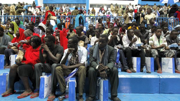 Rescued Garissa University students wait to meet their relatives after arriving at Nyayo stadium in Kenya's capital Nairobi.