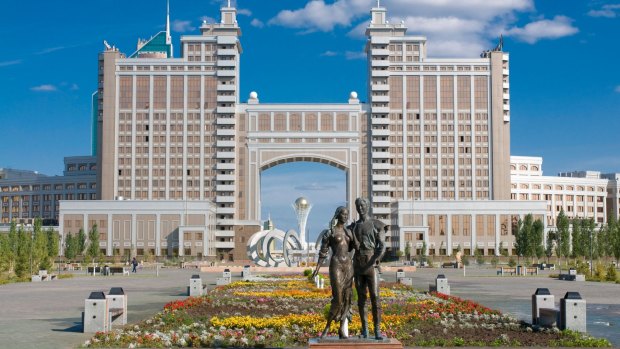 The Kay Munay Gaz building and the Bayterek monument, Astana.