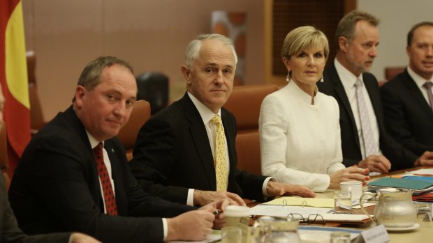 Deputy Prime Minister Barnaby Joyce, Prime Minister Malcolm Turnbull and Foreign Minister Julie Bishop in the cabinet meeting that ultimately ended Kevin Rudd's bid to become UN chief.