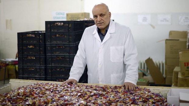 Alpi's owner, Ventsislav Peychev, with his deodorant sweets at the company's factory in Asenovgrad, Bulgaria.